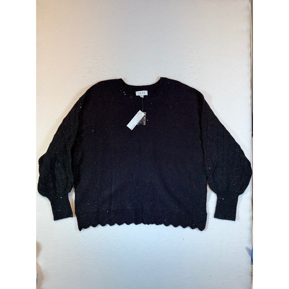 ELLE Women's Black Sparkle Sequin Scalloped Hem Balloon Sleeve Sweater XXL